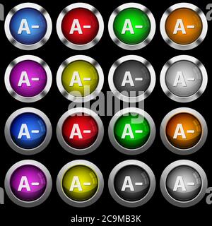 Decrease font size white icons in round glossy buttons with steel frames on black background. The buttons are in two different styles and eight colors Stock Vector