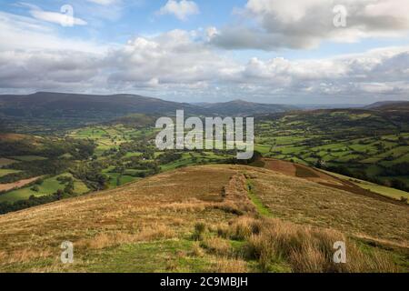 View from Tor y Foel looking east to Sugar Loaf mountain, Llangynidr, Brecon Beacons National Park, Powys, Wales, United Kingdom, Europe Stock Photo