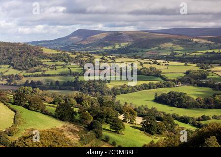 View from Tor y Foel looking to Llangors and Mynydd Llangorse mountain, Llangynidr, Brecon Beacons National Park, Powys, Wales, United Kingdom, Europe Stock Photo