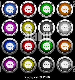 Working chat white icons in round glossy buttons with steel frames on black background. The buttons are in two different styles and eight colors. Stock Vector