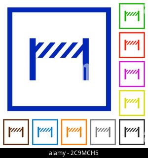 Road closure fence flat color icons in square frames on white background Stock Vector