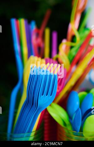 Colourful child safe plastic cutlery Stock Photo