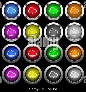 Cloud network white icons in round glossy buttons with steel frames on black background. The buttons are in two different styles and eight colors. Stock Vector