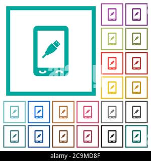 Mobile usb connection flat color icons with quadrant frames on white background Stock Vector