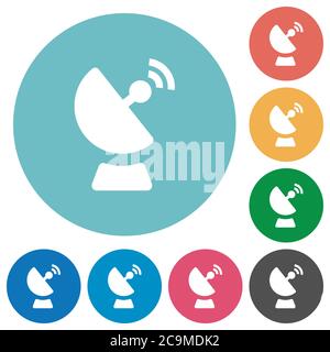 Satellite dish flat white icons on round color backgrounds Stock Vector