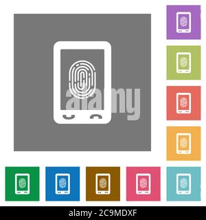 Mobile fingerprint identification flat icons on simple color square backgrounds Stock Vector