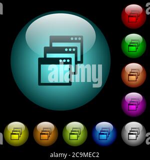 Cascade window view mode icons in color illuminated spherical glass buttons on black background. Can be used to black or dark templates Stock Vector