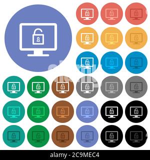 Unlock screen multi colored flat icons on round backgrounds. Included white, light and dark icon variations for hover and active status effects, and b Stock Vector