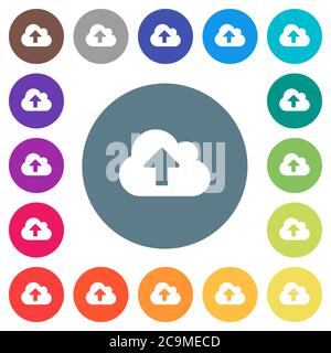 Cloud upload flat white icons on round color backgrounds. 17 background color variations are included. Stock Vector