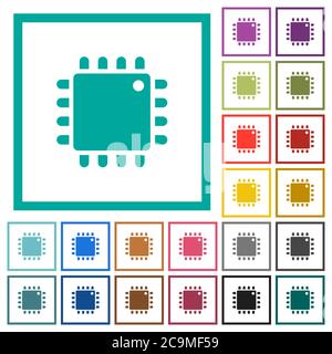 Computer processor flat color icons with quadrant frames on white background Stock Vector