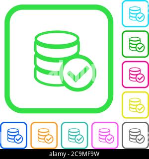 Database ok vivid colored flat icons in curved borders on white background Stock Vector