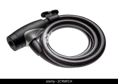 safety cable with lock for bicycles and wheelchairs, theft protection accessory isolated on white background. Stock Photo