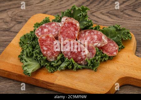 Iberian famous pork Fuet sausage slices Stock Photo