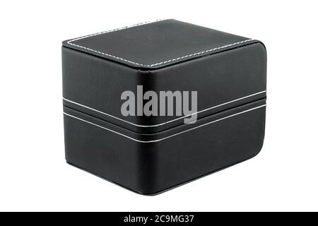 Leather square box of black leather and white stitched stitching, gift wrap for watches or accessories isolated on a white background. Stock Photo