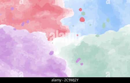 Colorful watercolor background of abstract sunset sky with puffy clouds in bright rainbow colors of pink green blue yellow and purple Stock Vector