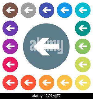 Left arrow flat white icons on round color backgrounds. 17 background color variations are included. Stock Vector