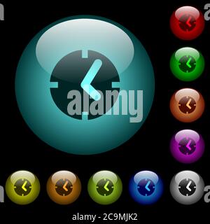 Timer icons in color illuminated spherical glass buttons on black ...