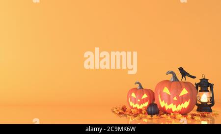 Halloween pumpkin, Jack O Lantern, Halloween decoration background with copy space, 3D rendering Stock Photo