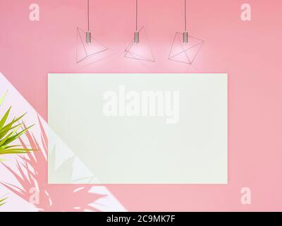 Empty canvas poster frame for mock up on pink wall with lamps, 3D Rendering Stock Photo