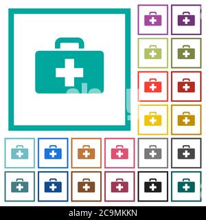 First aid kit flat color icons with quadrant frames on white background Stock Vector
