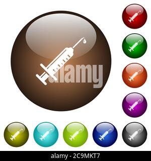 Syringe with drop white icons on round color glass buttons Stock Vector