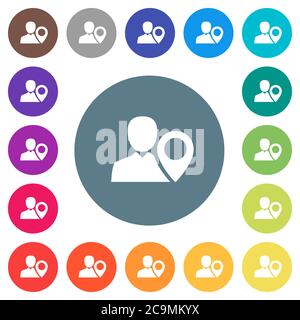 User location flat white icons on round color backgrounds. 17 background color variations are included. Stock Vector