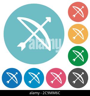 Bow with arrow flat white icons on round color backgrounds Stock Vector