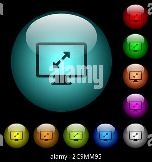 Adjust screen resolution icons in color illuminated spherical glass buttons on black background. Can be used to black or dark templates Stock Vector