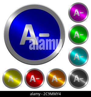 Decrease font size icons on round luminous coin-like color steel buttons Stock Vector