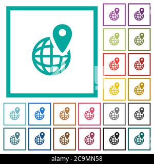 GPS location with globe symbol flat color icons with quadrant frames on white background Stock Vector