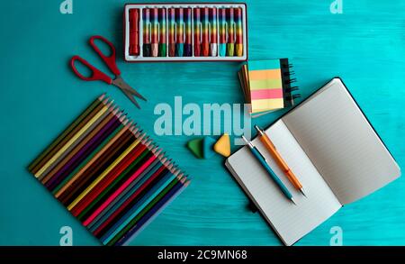 school supplies, student tools and supplies. Stock Photo