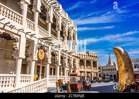 DOHA, QATAR - FEB 27, 2020: Traditional architecture of Souq Waqif, popular touristic destination in Doha, Qatar Stock Photo