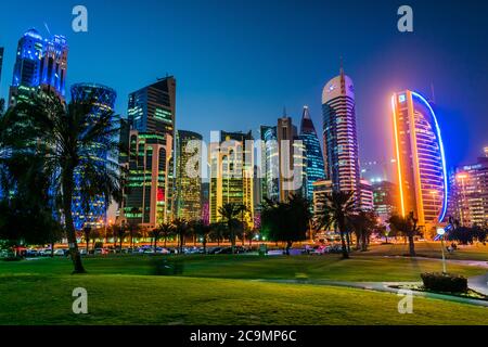 DOHA, QATAR - FEB 26, 2020: Downtown waterfront of Doha, Qatar after sunset Stock Photo