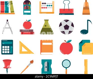 school education supply class stationery flat style icons set vector illustration Stock Vector