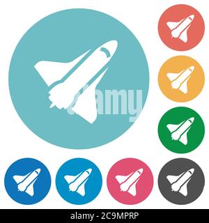Space shuttle flat white icons on round color backgrounds Stock Vector