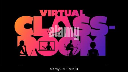Virtual classroom concept typographic design vector. Silhouette students watching lesson, and the teacher explains the lesson in laptop. Stock Photo
