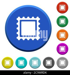 Stamp round color beveled buttons with smooth surfaces and flat white icons Stock Vector