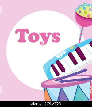 toys object for small kids to play cartoon, piano drum and rattle vector illustration Stock Vector