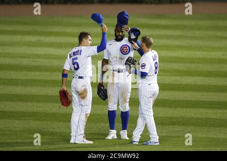 Chicago, United States. 01st Aug, 2020. Chicago Cubs center fielder Albert Almora Jr. (5), right fielder Jason Heyward (22) and center fielder Ian Happ (8) celebrate after defeating the Pittsburgh Pirates at Wrigley Field on Friday, July 31, 2020 in Chicago. Photo by Kamil Krzaczynski/UPI Credit: UPI/Alamy Live News Stock Photo