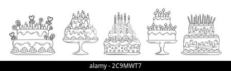 Birthday cakes linear flat set. Cartoon line delicious desserts. Party pie design elements, candles and chocolate slices, cream. Holiday party sweets. Vector illustration isolated on white background Stock Vector