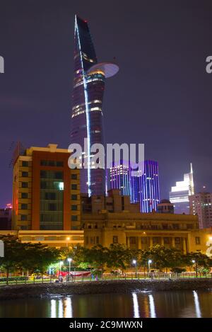 HO SHI MINH sity, VIETNAM - DECEMBER 20, 2015: Bitexco Financial Tower in the night landscape Stock Photo