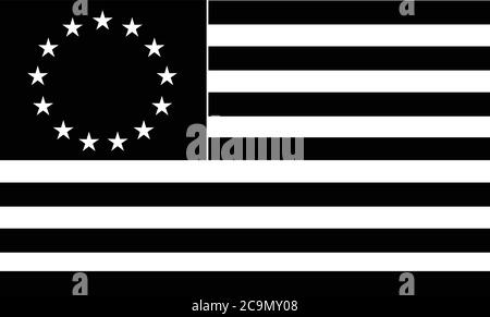 Black and white illustration of a the Betsy Ross flag, an early design of United States flag with 13 alternating red-and-white stripes with stars in u Stock Vector