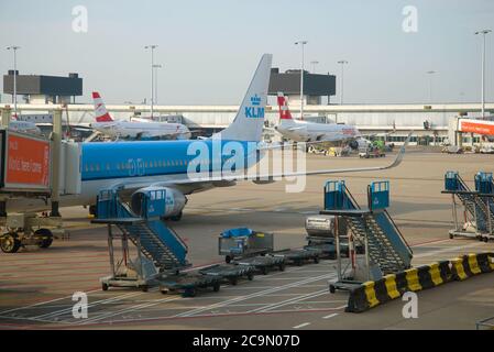 AMSTERDAM, NETHERLANDS - SEPTEMBER 17, 2017: Sunny day on the platform of Schiphol Airport Stock Photo