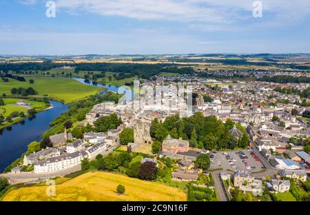 Aerial view of Kelso and the River Tweed, Roxburghshire, Scottish Borders, Scotland. Stock Photo