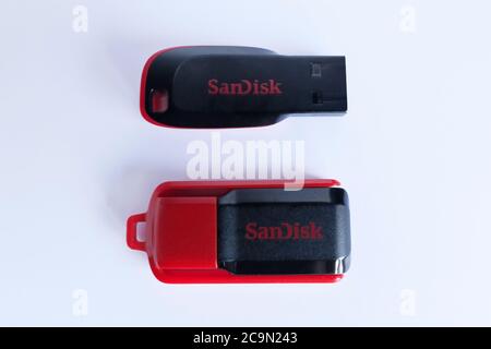 Istanbul, Turkey - July 29, 2020 : Sandisk flash disks are isolated on white background Stock Photo