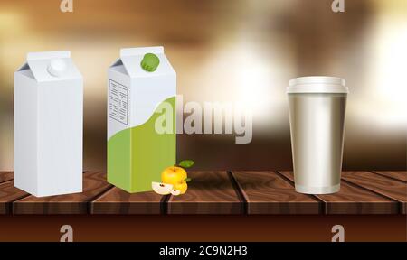 mock up illustration of juices and glass placed on table Stock Vector