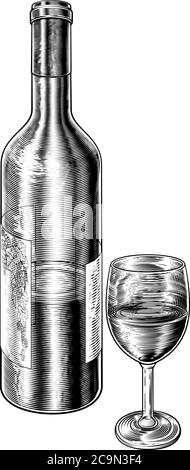Wine Glass and Bottle Vintage Woodcut Etching Stock Vector
