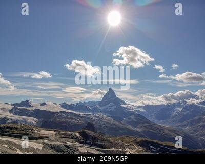 View at mount Matterhorn from Gornergrat over Zermatt on the Swiss alps Stock Photo