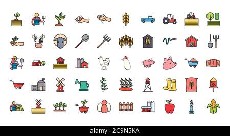 farm line and fill style icon set design, agronomy lifestyle agriculture harvest rural farming and country theme Vector illustration Stock Vector