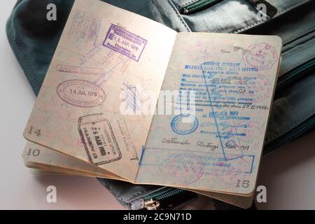 1978 United States Passport with entry documentation stamps from various countries Stock Photo